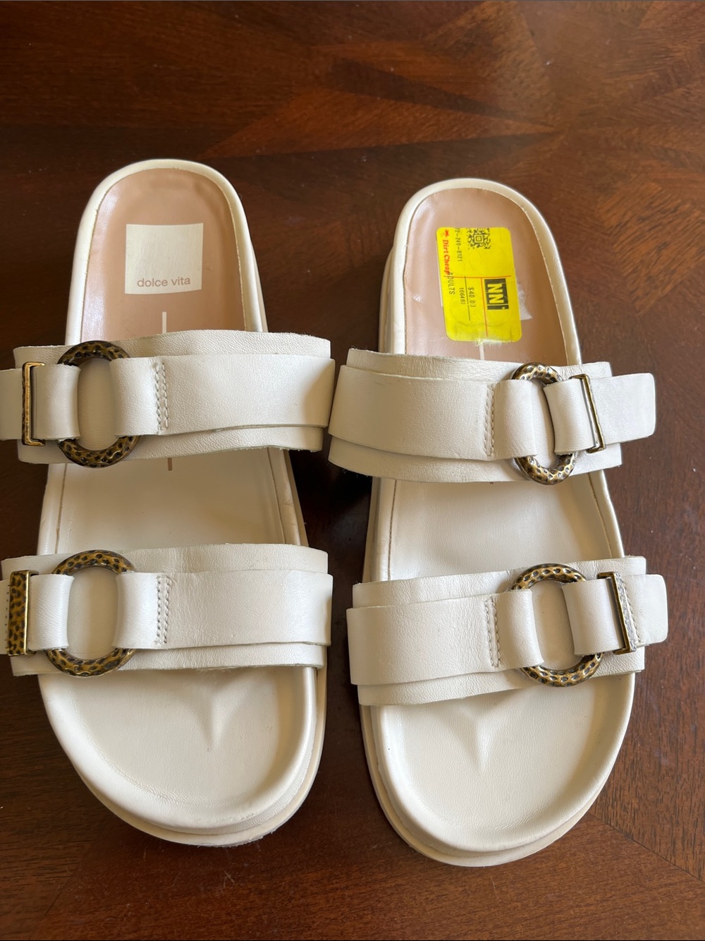 Dolce Vita Cream Double-Band Slide Sandals with Decorative Buckles